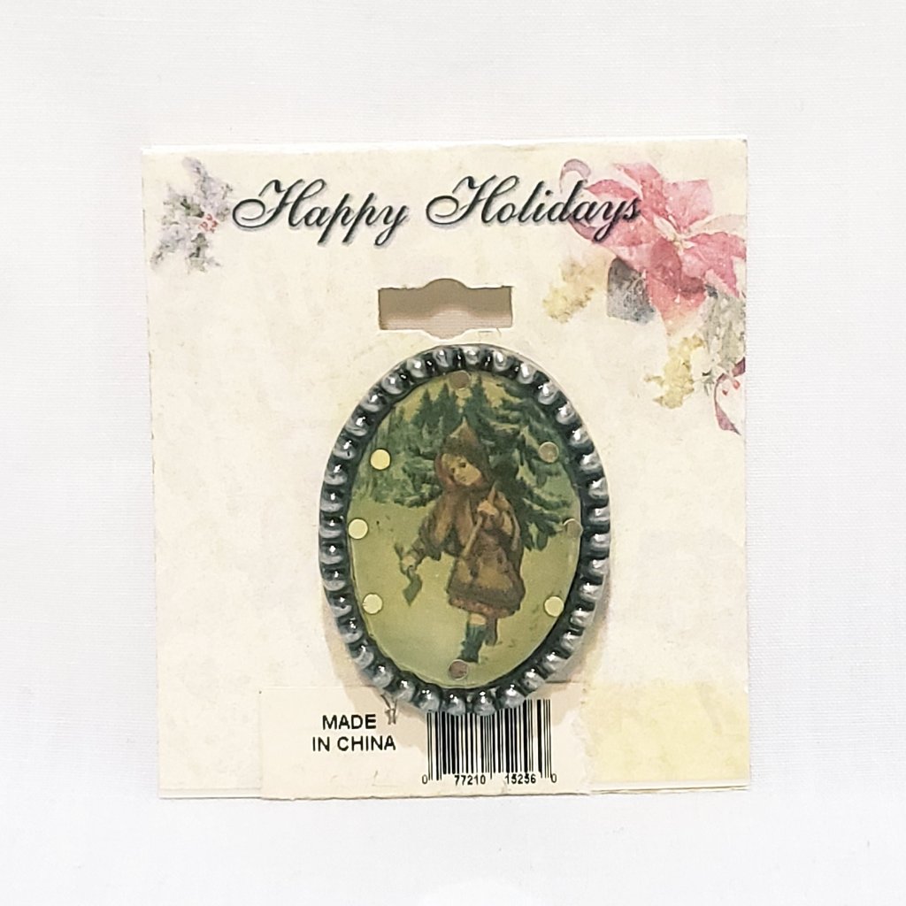 Girl Christmas Tree Walking Lapel Pin Brooch Silver Tone 1 1/4